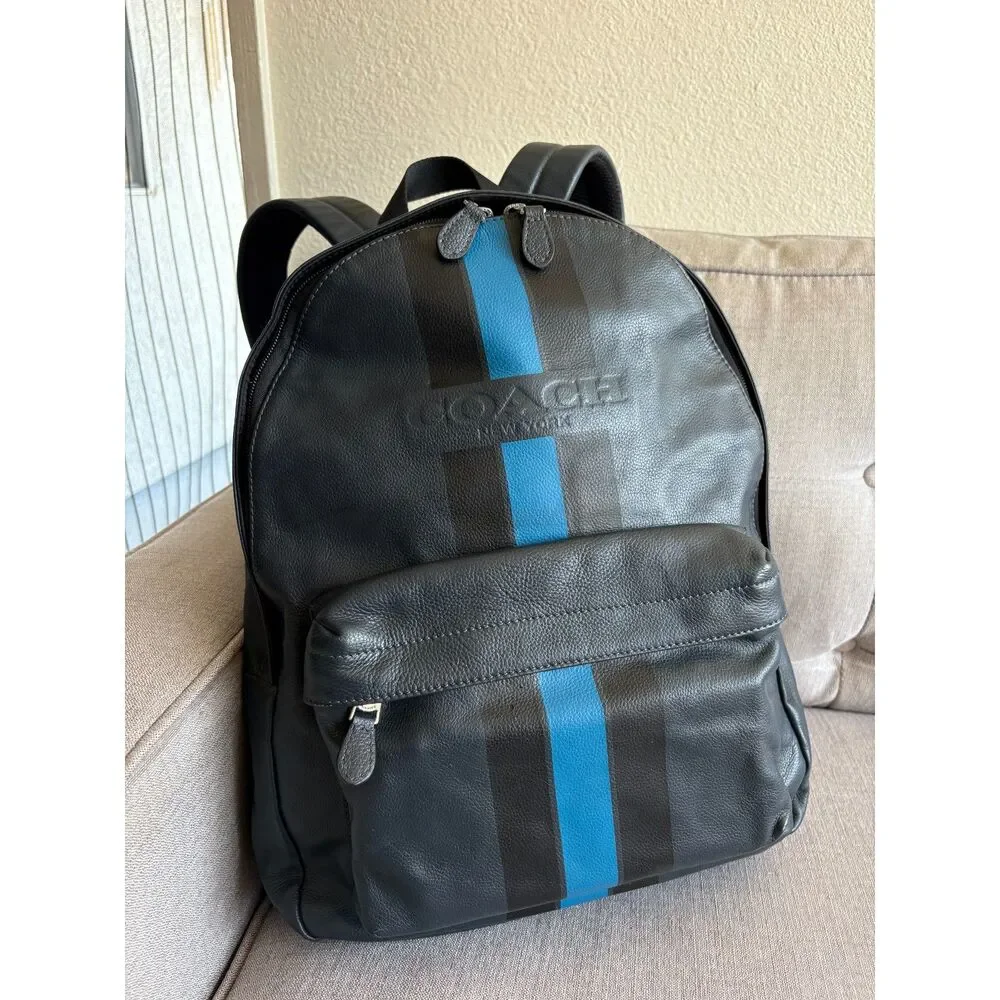 Coach F72237 Men’s Charles Varsity Leather Backpack Navy Blue Stripe New York